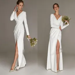Simple Mermaid White Slit Wedding Dress For Woman With Long Sleeves Civil Bridal Party Gown Slim V Neck Elegant Robe De Mariage 20271n