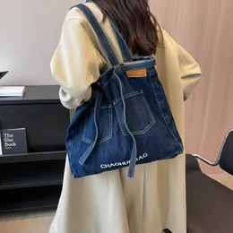 atacado senhoras bolsas de ombro 3 cores rua tendência denim sacola grande capacidade resistente ao desgaste bolsa de lona simples carta mochila bordada 12886 #