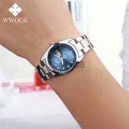 Andra klockor wwoor 2023 Nytt topp lyxmärke kvinnor silver blå klock mode rostfritt stål kvarts elegant vattentät armbandsur reloj mujer j230728