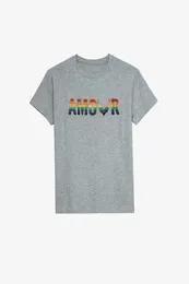 Zadig Voltaire Cottons Tops T-Shirt Gradient Rainbow Alphabet Print Hot Diamond Damen Kurzarm-T-Shirt Klassische Modedesignerin Tide Pure Tops in Übergröße