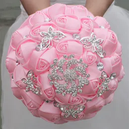 Rosa bröllop brudbuketter handgjorda blommor söta 15 quinceanera buketter pärlor kristall rhinestone ros brud som håller brosch w227t