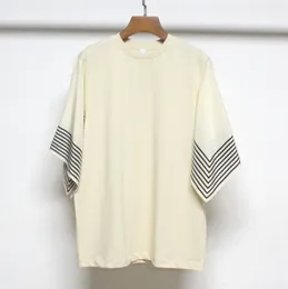 New t-oteme Sand Stripe Sleeves Twisted Stitch Design Loose Short Sleeve Round Neck T-shirt Top