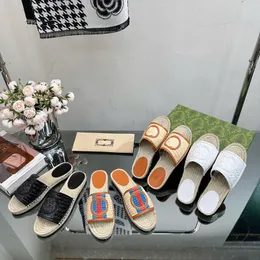 Nya kvinnors låsande g espadrilles ensamma platta glidskivor tofflor raffia sandaler öppna tår lyxdesigner casual skor fabrikskor storlek 35-41