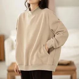 Kadın Hoodies Sweatshirts Yasuk Sonbahar Kış Retro Sıradan Yavurucu Yeleliş Serçesi Gömleğin Gevşek Sıcak Cep Sportif Katı Basit Çin Stili 230731