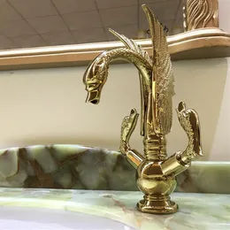 GOLD PVD single hole Double swan handles bathroom basin swan faucet mixer tap deck mounted new tap236B