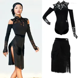 Stage Wear Adults Latin Dance Costume Black Lace Top Fringed Skirts For Women Clothes Performance SL8216