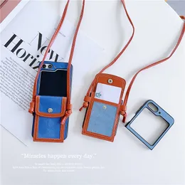 Luxury Crossbody Jeans Vogue Phone Case för Samsung Galaxy Folding Z Flip5 Flip3 Flip4 5G Dålig Lanyard Strap Card Slot Läderplånbok Koppling Fold Shell Suffsäkerhet