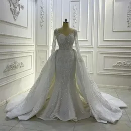 럭셔리 2023 초상화 인어 웨딩 드레스 오버 스커트 레이스 ruched 스파클 라인 스톤 신부 가운 두바이 드레스