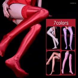 Women Socks Sexy 80D Lace Oil Shiny High Stockings Vintage Glossy Overkne Tights Elastic Thigh High Lingerie
