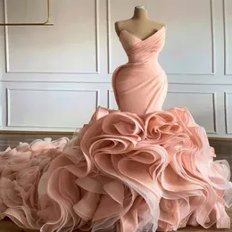 Blush Pink Mermaid Abiti da sposa Luxury Ruffles Scollo a V Senza maniche Pieghe Increspato Custom Made Chapel Abito da sposa vestido de novia279S