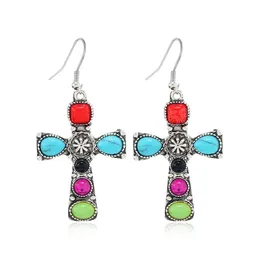 Bohemian Ethnic Colorful Stone Cross Shape Drop Earrings for Women Vintage Silver Color Metal Gypsy Tribal Party Jewelry Gift
