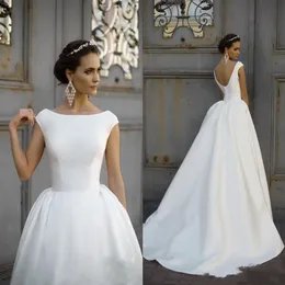 Modest White Satin A Line Wedding Dresses For Bride Jewel Neck Cap Sleeves Princess Bridal Ball Gowns Boho Garden Sweep Train Simp307C