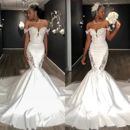 Elegante afrikanische Dubai Arabisch Meerjungfrau Brautkleider Brautkleider Schulterfrei Schatz Spitze Applikationen Gericht Zug Braut Kleid V326o