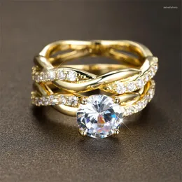 Alianças de casamento de luxo feminino branco azul cristal conjunto charme ouro prata cor pedra para noiva noiva zircão noiva