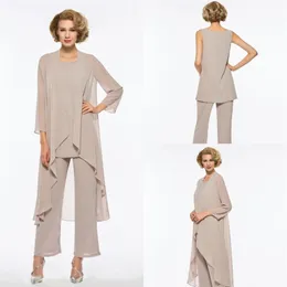 Schicke, stilvolle Hosenanzüge für die Brautmutter, elegantes 3-teiliges Chiffon-Kleid für die Strandhochzeit, Outfits für die Brautmutter, mit Jacke Pant265J