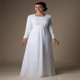 Enkel vit chiffongemple långa ärmar bröllopsklänningar ärmar a-line golvlängd informell mottagning brudklänningar repetition din315e