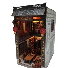 Arquitetura DIY House DIY Kit de inserção de prateleira de livro de madeira Tongfu Inn suportes para livros com luz LED Kits de construção em miniatura Estante de livros Decoração Presentes 230731
