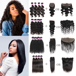 Brazilian Virgin Hair Vendors Straight Body Deep Water Wave Kinky Curly Remy Human Hair Weave Bundles With Closure Frontal Extensi268Q