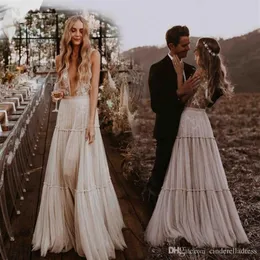 Vintage Bohemian Wedding Dresses 2020 Deep V-Neck nyckfulla Boho Country Bridal Gowns Sexig Beach Vestido de Noiva239c