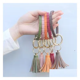 Keychains Lanyards Sile Keychain Bangle Leather Tassel Armband Keyring Party O Shaped Wristlet Armband Circle Charm Key Ring Hold OTW0H