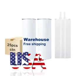 USA CAN Warehouse 20oz Sublimation Tumblers Heat Press Double Wall 20 oz Straight Blanks Sublimate DIY Car Mugs Bottles JY31