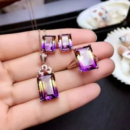 Wedding Jewelry Sets MeiBaPJ Natural Ametrine 925 Sterling Silver Necklace Earrings and Rings Set for Women Party Fine 230729