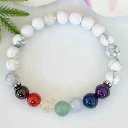 MG1899 8 MM Howlite 7 Chakra Beads Pulseira Feminina Pedra Preciosa Coroa Chakra Pulso Mala Yoga Jóias