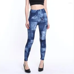 Leggings femininas INDJXND Milk Silk Nine Women Imita Denim Printing Elastic Lady Sporting Fitness Push Up Floral Patterned Clothing