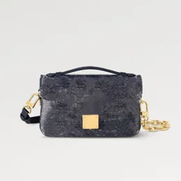 Bags Explosion Baguette Handbag M22834 Pochette East West Canvas Blue Shimmers Navy Sculptural Leather Handle Chain Coated Cowhide Textile