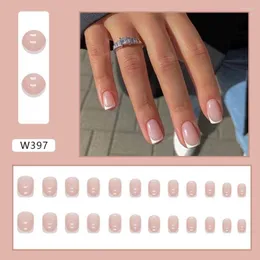 False Nails 24pcs Manicure Pink Diy Press on Fake Nials Short Square French Simple