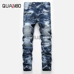 Мужские джинсы мужская стройная подсадка Straight Moto Biker Jeans Fashion Ностальгия ретро -плиссированные джинсы брюки с молнией на молнии 42 J230728