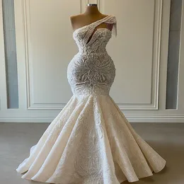 2021 Plus Size Árabe Aso Ebi Vestidos de Noiva Luxuosos com Rendas Frisadas Vestidos de Noiva Sereia de Um Ombro Vestidos de Noiva Vintage253P