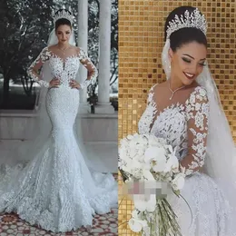 2021 Bianco Ultimi abiti da sposa vintage a sirena Scoop Maniche lunghe Applique Abiti da sposa con lacci Abiti da sposa184C