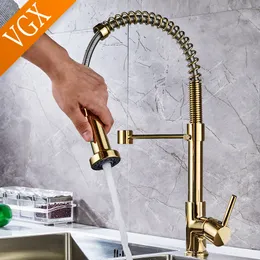 Kitchen Faucets VGX Pull Out Kitchen Sink Faucet Stream Sprayer Kitchen Gourmet Faucet Rotatable Basin Mixer Tap Cold Crane Brass Black Gold 230729