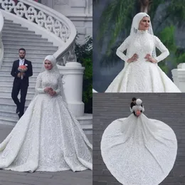 Dubai musulmano di lusso abito da ballo in pizzo abiti da sposa cappella treno pieno perline applique abito da sposa manica lunga collo alto africano Br265S