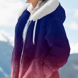 Women's Fur Faux Winter Coat Thick Gradient Jacket Hooded Hat Drawstring Warm Cardigan Elastic Cuff Plush Lady Skiing HKD230727
