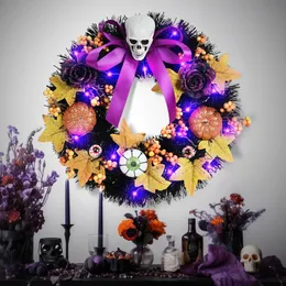 Halloween Wreath Skeletons Rattan Circles Artificial Flowers Leaves Pumpkin Party Decorations Handmade Halloween Garland With Light