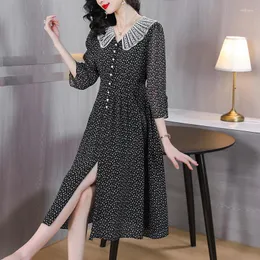 Casual Dresses 2023 Vintage Black Doll Collar Silk Dot Luxury Dress Summer Sexig Beach Women Elegant Chic Print Evening