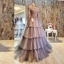 Rosa Luxus Abendkleider 2023 High Neck Langarm Kristall Perlen Pailletten Spitze Tiered Meerjungfrau Abendkleider vestidos de novia