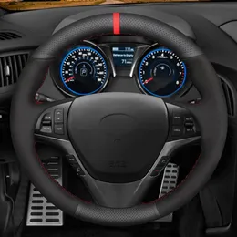 Coberturas de volante de carro DIY macio preto couro genuíno camurça para Hyundai Genesis Coupe 2010 2011 2012 2013 2014 2015-2016273P