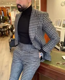 Męskie garnitury Houndstooth Mens 2pcs Wedding Tuxedos Vintage Fit Formal Groom Wear Tweed 2 -Eup Kurtka Podnci Coustime Homme Luxe