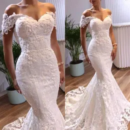 Elegant Mermaid Wedding Dresses Short Sleeves 2022 Lace Applique Sweep Train Custom Made Plus Size Wedding Bridal Gown Vestido de 246o