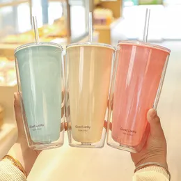 タンブラー750ml二重層のプラスチックストローカップ蓋付きBPA無料の水ボトルティーコーヒーマグジュースミルクカップドリンクウェア230731