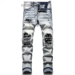 Herrbyxor herrcykel jeans gata kläder paisley bandana tryckta lappar elastiska denim byxor skarvarbetar hål riva tunna raka svarta byxor z230731