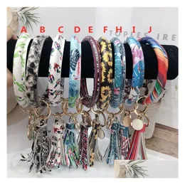 Keychains Lanyards Women Pu Leather Wrap Tassels Bracelets Key Ring Party Floral Leopard Print Keychain Wristband Sunflower Drip Oil Otm5K