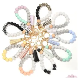 Keychains Lanyards Sile Key Ring Bracelet For Women Unique Stylish Beaded Bangle Wristlet Keychain Bead Keyring Tassel House Car Hol Otmkj