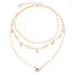 Kedjor Multi Layer Chain Triple Charm Drop Pendant Gold Color Stone Necklace Choker Boho UK