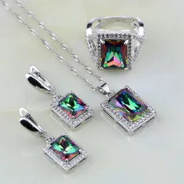 Wedding Jewelry Sets Natural Square Mystic Rainbow Fire White Zircon 925 Silver for Women Necklace Earrings Pendant Ring 230729