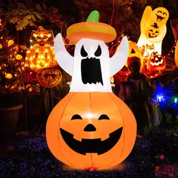 4FT Halloween Inflatable Decoration Ghost w/ Hat & Pumpkin Lantern