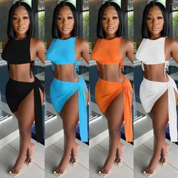 Work Dresses Fashion Solid Women's Sleeveless Vest Bandage Skirt Two Piece Sets Casual Streetwear Sexy Bodycon Outfits Dress